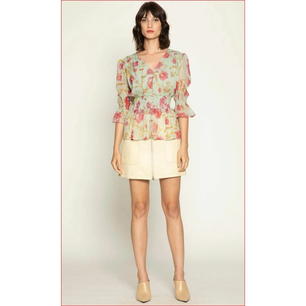 Walter Baker Women Gia Top Blouse W53101 Green Gardens Floral Smocked Peplum S